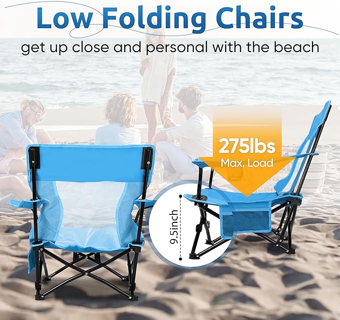 HaSteeL Folding Beach Chair Set of 2, Foldable Blue Camping Chairs for Outside, Low Beach Chair Portable for Adults Fishing, Picnic, Outdoor BBQ, Travel, Sports, Cup Holder & Storage Bag
