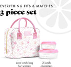 Fit & Fresh Bloomington Lunch Bag for Women - Insulated Large Lunch Box for Work with Containers, Leak-Resistant, Stain-Resistant, Zipper Closure, Sweet Floral Bows