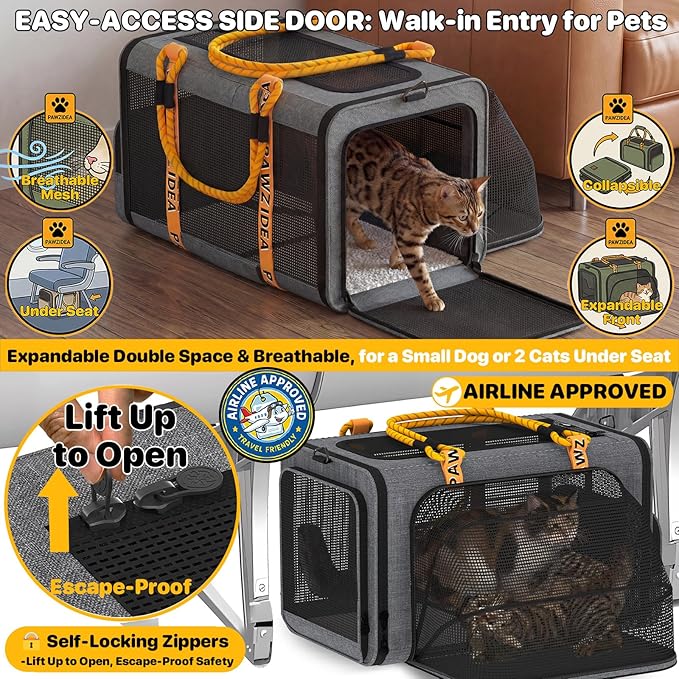 PAWZIDEA Expandable Pet Carrier Airline Approved, 18"×11"×11" Small Dog Carriers, Collapsible Top-Load Cat Carrier for 2 Cats Under Seat, Soft-Sided Puppy & Animal Travel Bag, ID Card, Up to 15lbs