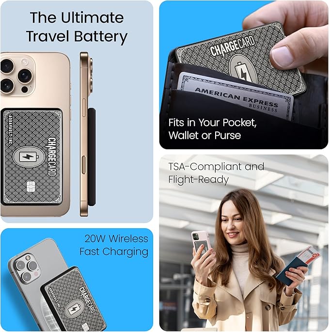 AquaVault Chargecard Magsafe Portable Charger 5000mAh 20W Fast Charge - Magnetic Power Bank, Ultra-Slim Battery Pack Compatible with iPhone 12-17 Series & Android (Black)