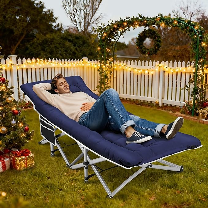 Fragess Portable Camping Cot, Sleeping Cot for Adult, 28" Extra Wide Heavy Duty Folding Cot Max Load 600LBS with Thick Mattress, Portable Camping Bed for Camp Outdoor/Office, Home Nap (Blue)