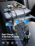 200W Car Charger USB C, PD100W Fast Charge w/100W Type C Fast Charging 5FT Coiled Cable, PD3.0/QC4.0/PPS Cigarette Lighter Phone Adapter for iPhone 17/16 ProMax, MacBook Pro/Air, Samsung S26/S25, iPad
