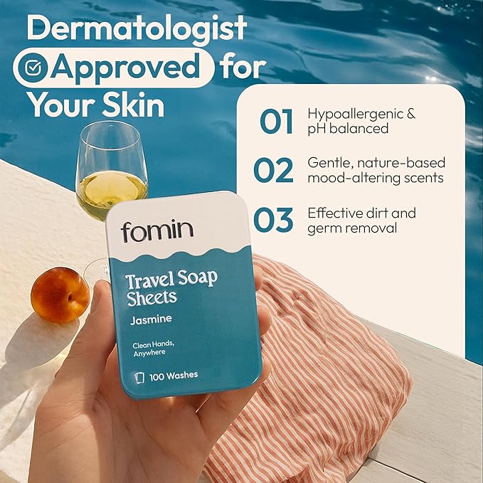 FOMIN - Antibacterial Paper Soap Sheets for Traveling - 300 Jasmine Portable Hand Soap Sheets for Travel in Tin - Dissolvable Mini Portable Travel Soap Sheet for Hand Washing, Camping and Hiking