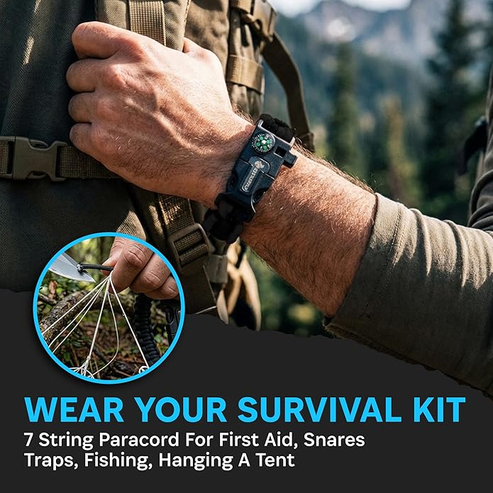Paracord Bracelet Compass Hiking Survival Kit Emergency Whistle Fire Starter Camping Gear Hiking Essentials Fishing Hunting Accessories EDC Backpacking Gear Tactical Survival Gear Equipment