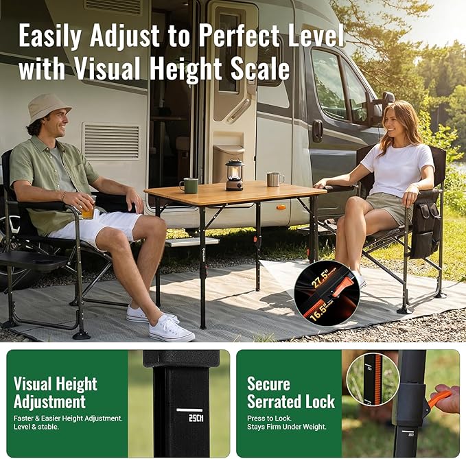 KingCamp Bamboo Folding Table, 4-Fold Camping Adjustable Height Portable Outdoor Lightweight & Compact Table with Aluminum Frame for RV Picnic BBQ Tailgating