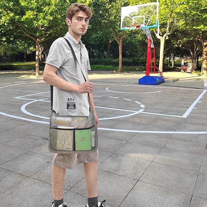Mildbeer Gym Tote Bag, Mesh Bag Crossbody Satchel 12x6x12 for Gym Beach Ball Games Training Camping Hiking Clothes Storage