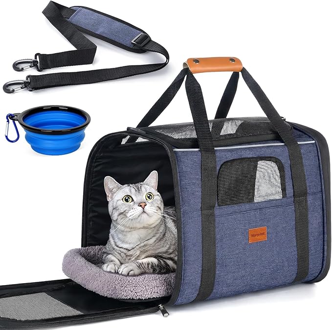 Morpilot Pet Travel Carrier Bag, Soft-Sided Dog Carrier Cat Carrier Pet Carrier, for Large Cats and Medium Puppies up to 25lbs, with Locking Safety Zippers, Foldable Bowl (Dark Blue)