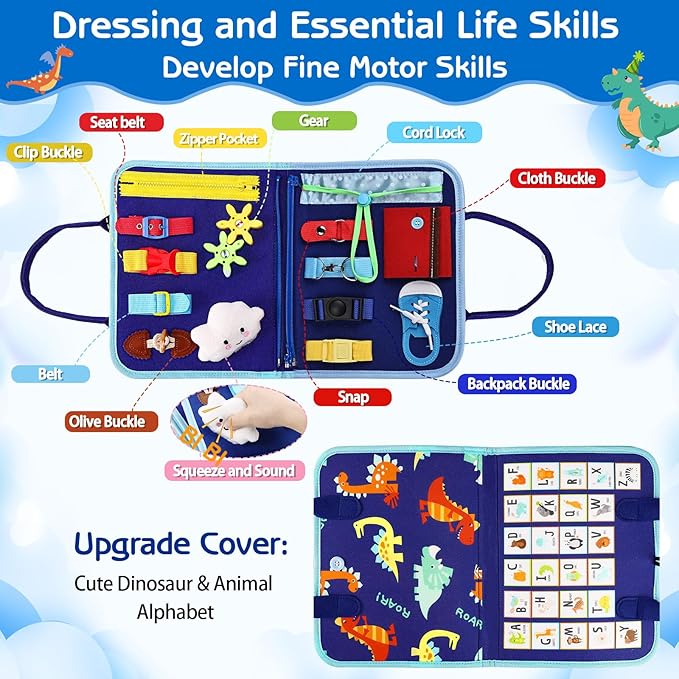 Esjay Toddler Busy Board Montessori Toys for Boys, Sensory Book Educational Activities for Learning Fine Motor Skills, Birthday Gifts for Boys Toddlers, Travel Toys for Airplane Car, Blue Dinosaur