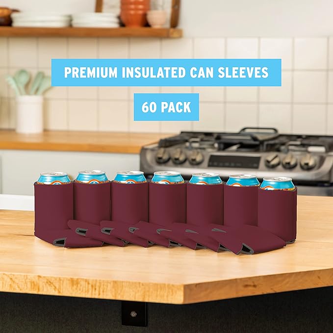Blank Beer Can Cooler Sleeves (60-Pack) Soft Insulated Beer Can Coolies - HTV Friendly Blank Koolies in Bulk for Beer Cans & Bottles - Coolie Blanks for Vinyl Projects & Wedding Favors (Burgundy)