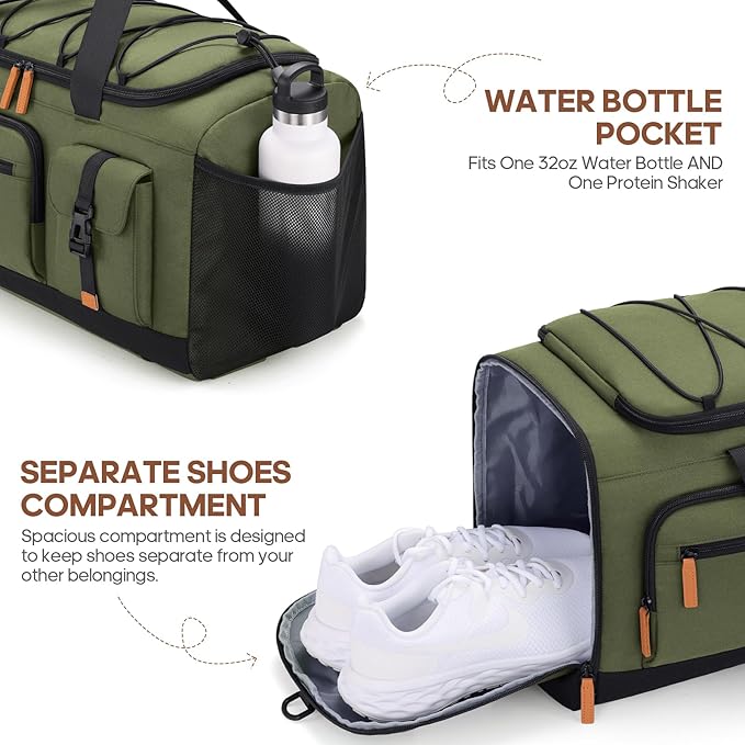 Gym Bag for Men and Women with Shoe & Laptop Compartment, 3-in-1 Sports Travel Duffel Bag Anti-Theft Weekender Carry-on Backpack for Airplane & Workout, Overnight Travel Bag, 35L, Green, Medium