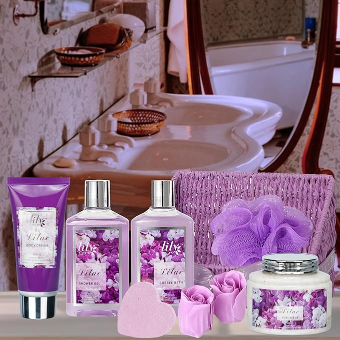 Gifts for Women - 9 Pcs Lavender Bath and Body Gift Basket, Set Spa Gift Basket for Women, Gift Baskets, Spa Kit | Christmas Gifts, Birthday, Mothers Day, Valentines Day Gift Set for Her All Occasion