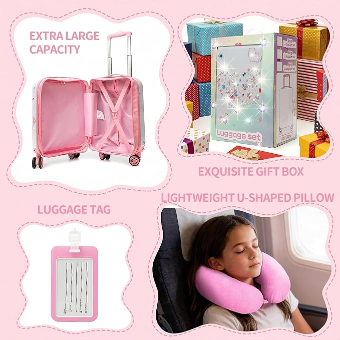 Kids Luggage Sets 2 Piece Pink Rolling Suitcases for Girls with Wheel Shardshell 16" Travel Suitcase with 10 Sheets Gem Stickers