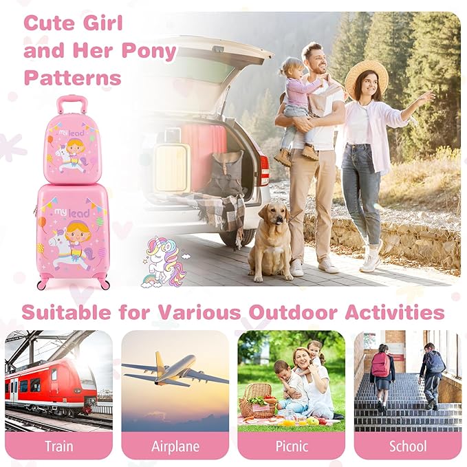 BABY JOY 2 PCS Kids Luggage, 16” Carry-on Hardshell Suitcase with Wheels & Hardside Backpack for Boys Girls, Airline-Approved Toddler Travel Luggage Set (Pink Pony)