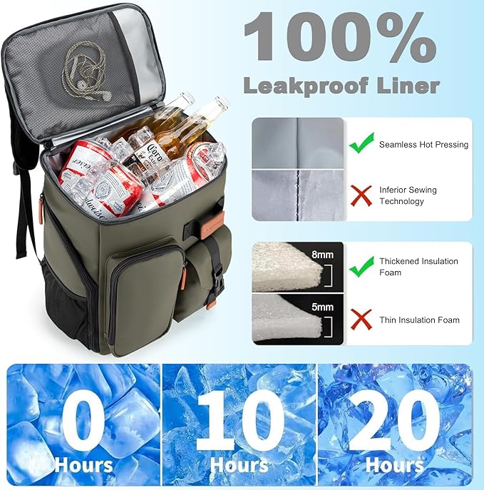 BAGPARKK Insulated Cooler Backpack,33/45 Cans Multifunctional Double Deck Leakproof Cooler Bag with Sternum Strap,Large Capacity Lightweight Travel Camping Beach Backpack
