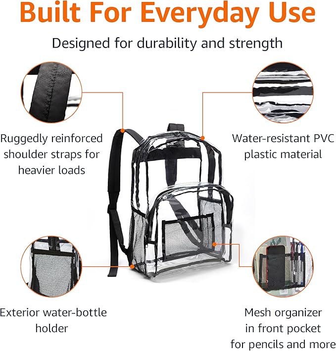 Amazon Basics Transparent Clear School Backpack, Water-Resistant PVC Plastic, Reinforced Shoulder Straps, 17 x 7 x 13 in