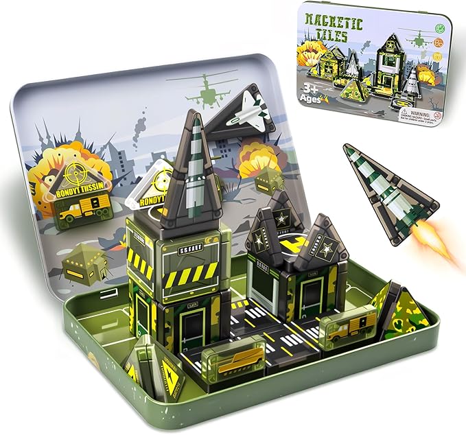 Magnetic Tiles,42PCS Magnetic Building Blocks with Metal Storage Box,Magnet Tiles for Kids Ages 3+,Magnet Tile for Boys & Girls(Military)