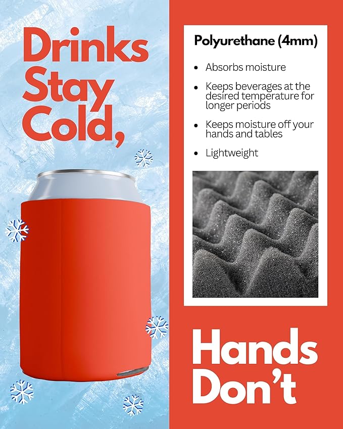 PartyPrints 25 Pack Tangerine Blank Can Cooler Sleeves, Customizable Bulk Insulated Foam for Beer, Collapsible Plain Drink Holder, Cold Soda Insulator, 12oz Regular, 16oz Tall Cans