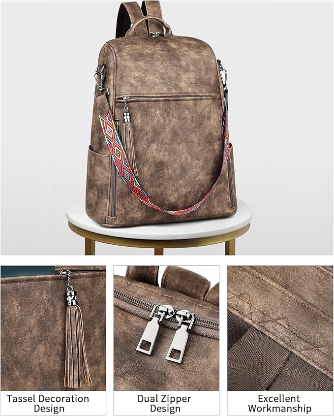 FADEON Leather Laptop Backpack for Women Designer 15.6 inch PU Laptop Bag, Ladies Travel Computer Work Backpack Grey