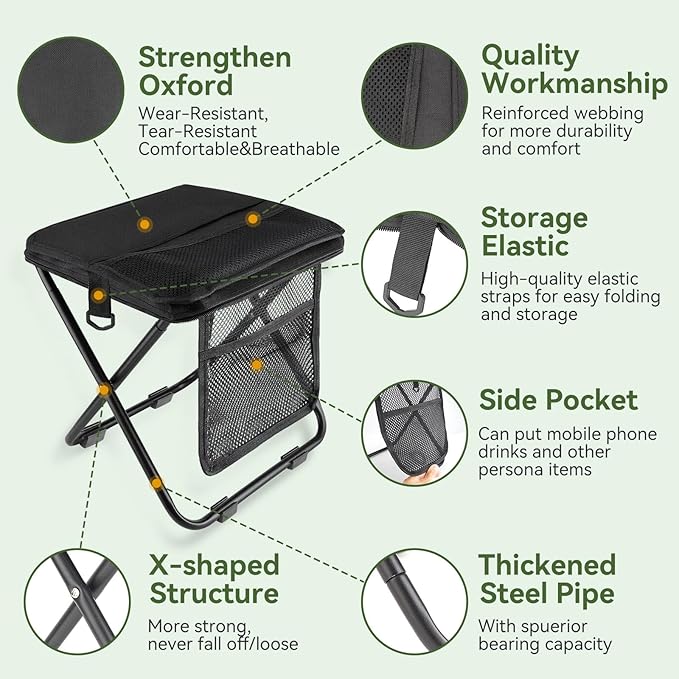 Portable foldable backpack stool, Camping Chair, with dual storage pockets and side pockets Compact adult-sized portable stool, ideal for camping, hiking, outdoor activities capacity 250 lbs (Black)