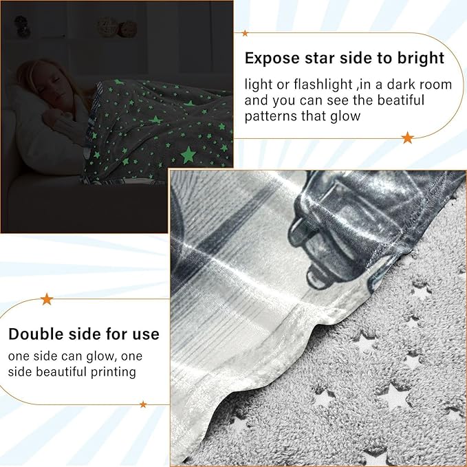 High Way Motorcycles Travel Blanket Glowing in The Dark, Soft 2 in 1 Airplane Blanket 65" x 55", Foldable as Pillow, Luggage Sleeve & Backpack Clip
