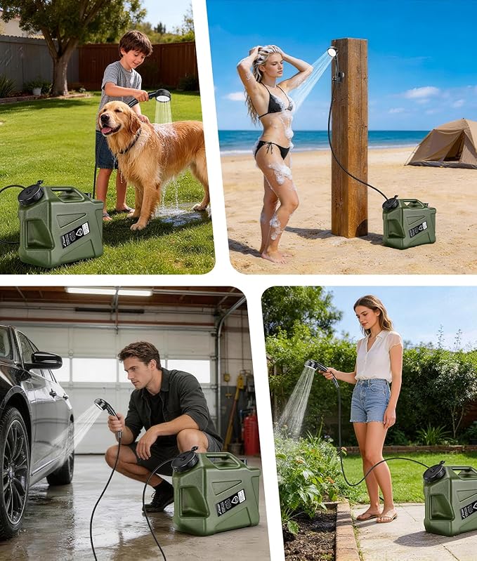 Portable Shower for Camping with 5-Gallon Water Jug, 6000mAh Rechargeable Outdoor Camping Shower Kit, IPX8 Waterproof Pump, Easy to Store for Hiking, Beach, 5-Mode Shower Head