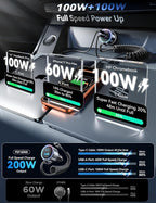 200W Car Charger USB C, PD100W Fast Charge w/100W Type C Fast Charging 5FT Coiled Cable, PD3.0/QC4.0/PPS Cigarette Lighter Phone Adapter for iPhone 17/16 ProMax, MacBook Pro/Air, Samsung S26/S25, iPad