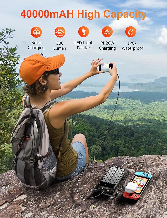 MINRISE Solar Charger Power Bank, 40000mAh Portable Charger PD 20W Fast Charging Solar Power Bank Built in 4 Cables and USB-C in/Output, Camping Essentials External Battery Pack with Flashlights