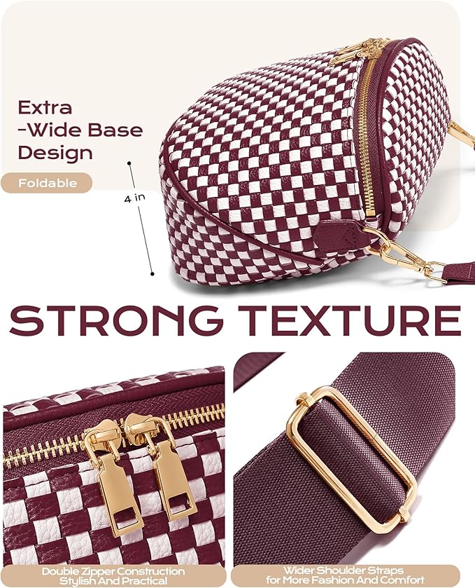 Trendy Woven Checkered Crossbody Bum Bag for Women，PU Leather Checkered Purse Fanny Packs Belt Bag (Woven Bum Bag - Wine Red White)