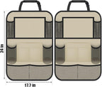 ULEEKA Car Backseat Organizer with 11" Table Holder, 10 Storage Pockets Seat Back Protectors Kick Mats for Kids Toddlers, Travel Accessories, 2 Pack, Beige
