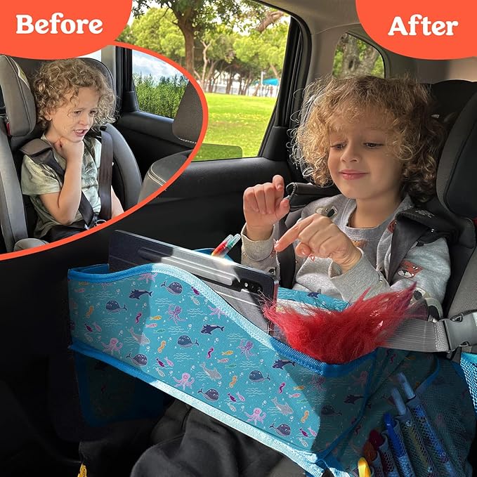 PILLANI Kids Travel Tray for Car - Road Trip Activities for Kids - Car Seat Tray for Kids Travel w/ Activity Sheets, Pens & Dry Erase Board - Toddler Road Trip Essentials & Car Accessories for Kids