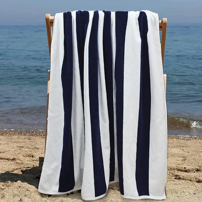 COTTON CRAFT Oversized Beach Towels - Set of 2 - XXL 35x84 The Big Kahuna 7 Foot Extra Large Beach Blanket Towel - Big & Tall - Huge 100% Cotton Velour Soft Luxury Pool Bath Towel - Cabana Stripe Navy