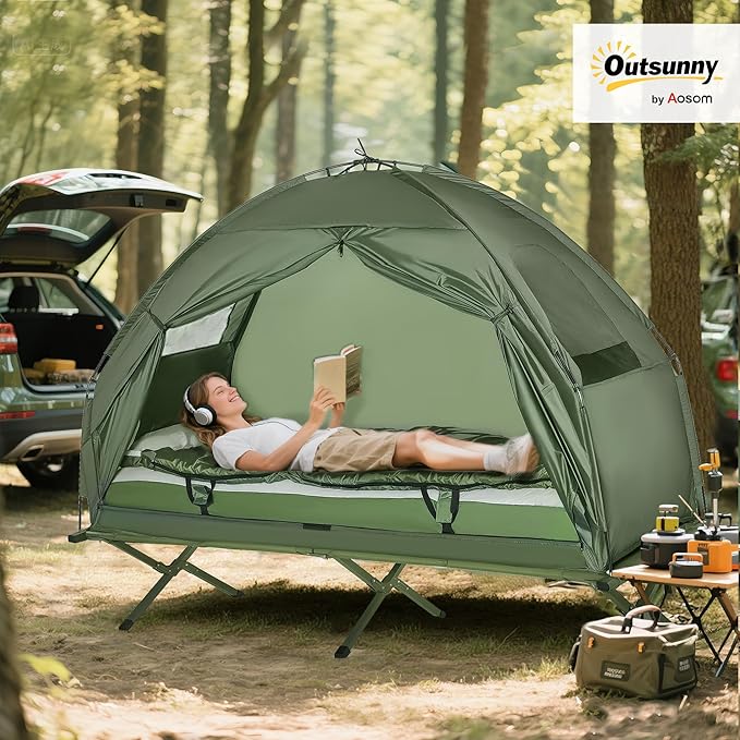 Outsunny Camping Tent Cot, Folding Tent Cot Combo with Mattress, Pillow, Sleeping Bag, Roller Carrying Bag, Off Ground Travel Camp Cot for Hiking, Backpacking