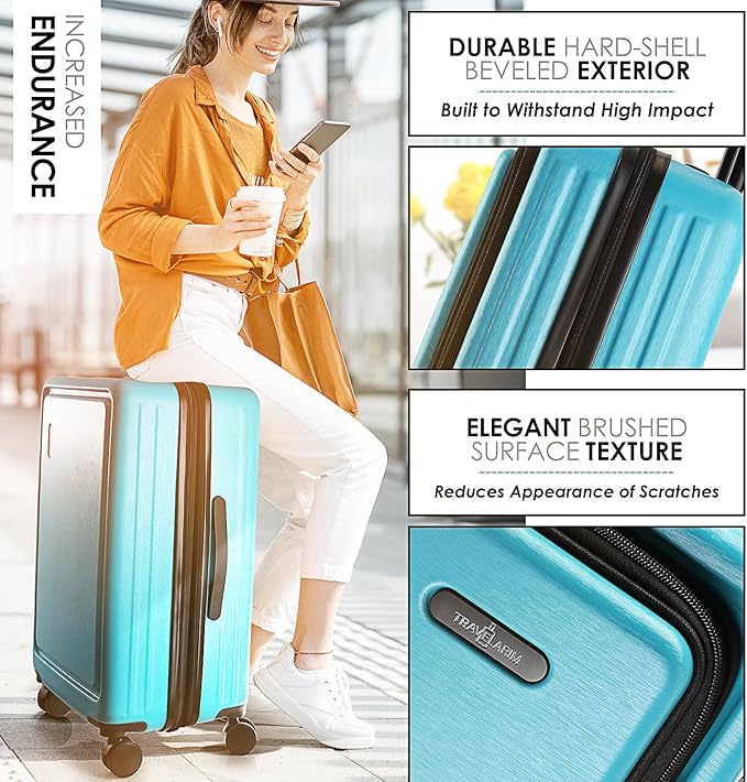 TRAVELARIM Teal Hardshell Luggage Sets 4 Piece, Durable Suitcase Set, Travel Luggage Set with Integrated TSA Lock, 360° Spinner Wheels, Expandable Medium and Large Checked Suitcase, 20/24/28 Inch