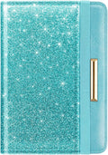 Passport Holder Cover, RFID Travel Wallet Credit Card Holder Blue Green Cute Sparkly Passport Book Holders for Women with Elastic Band and Golden Metal Decoration, Blue Green Glitter