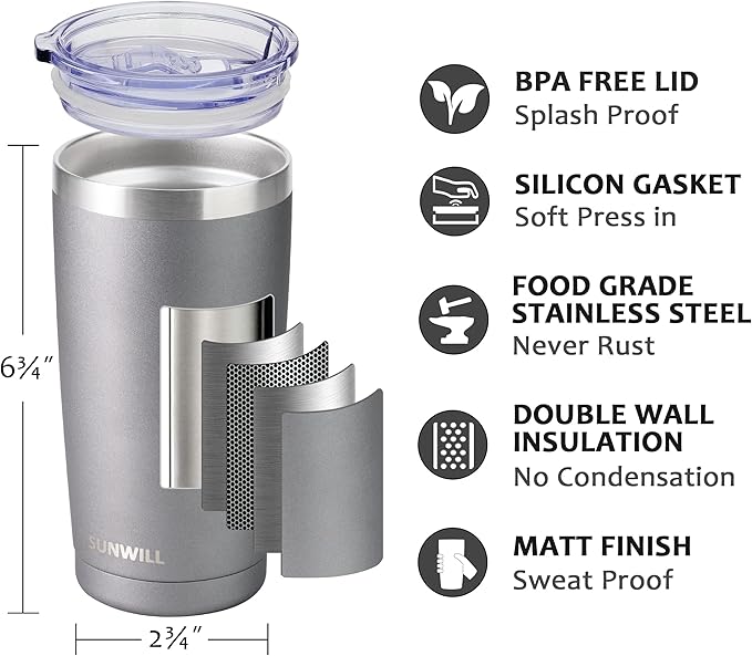 SUNWILL Travel Coffee Tumbler 20 oz, Insulated Mug with Lid, Stainless Steel Cup for Hot and Cold Drinks, Cool Grey