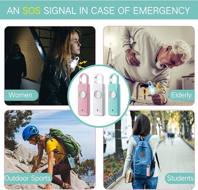Tellegloww 6 Pcs Rechargeable Personal Safety Alarm for Women, 130db Personal Alarm Protection Keychains Loud Siren with LED Self Defense Keychain for Senior Mom Gift(White,Pink,Blue,Snap)