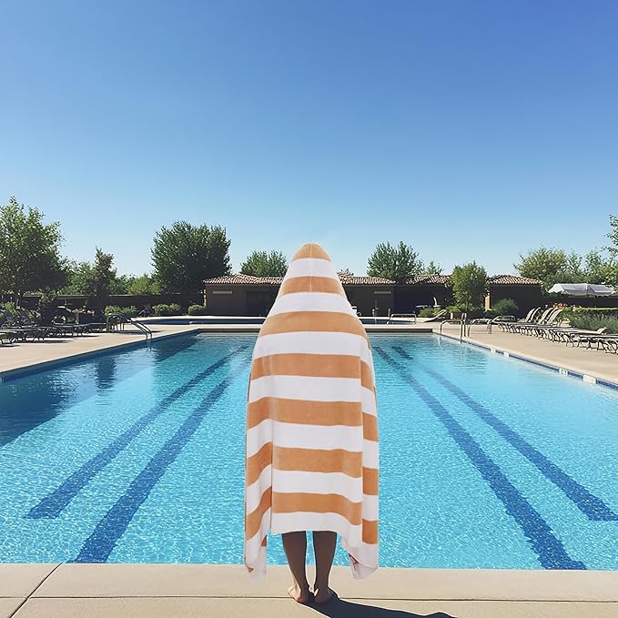 COTTON CRAFT Hooded Beach Towel - Oversized XXL 35x84 Towel with Hood for Adults - The Big Kahuna 7 Foot Beach Blanket Towel - Big & Tall Soft 100% Cotton Velour - Pool Bath Wrap - Cabana Stripe Linen