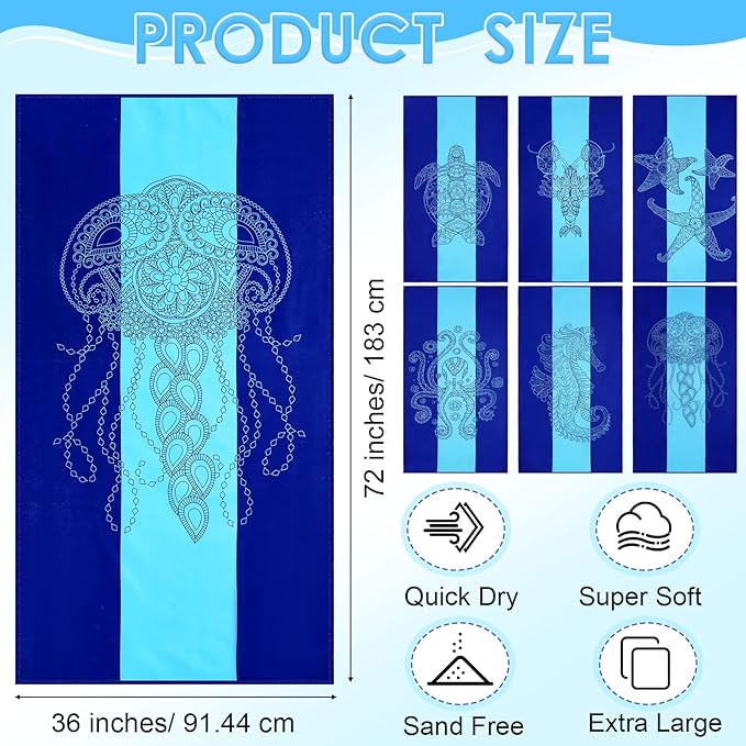 FuWeave 6 Pcs 72 x 36 Microfiber Oversized Beach Towels Large Absorbent Thin Compact Lightweight Sand Free Quick Dry Towels Pack for Travel Pool Yoga Gym Sports Beach Accessories(Marine Animals)