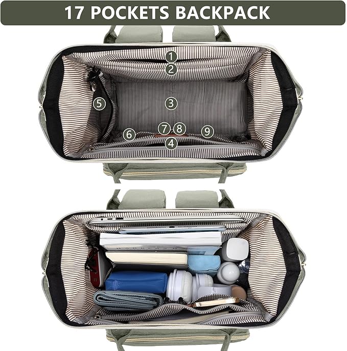 Laptop Backpack Women Work Bag: 15.6 inch Work Bookbag with USB Charging Port Large Travel Backpack Purse for College Nurse Casual Daypack for Teacher Professional Computer Backpack Beige Light Green