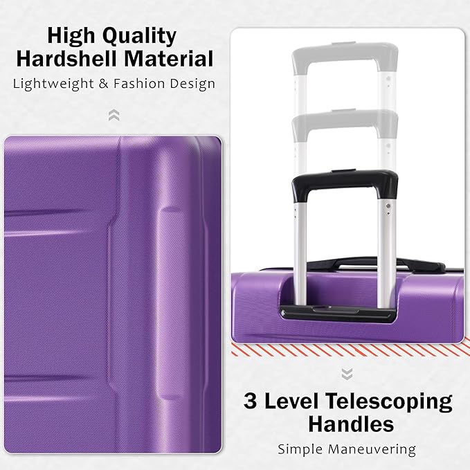 2 Piece Luggage Sets with Bags, Lightweight ExpanableCarry on Luggage Sets, Hardshell ABS Spinner Wheels Suitcase with TSALock,for Women Men, 20 IN & 24 IN, Purple