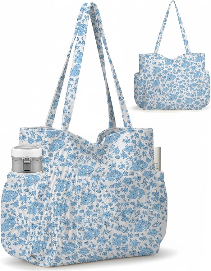 Corduroy Tote Bag for Women,Large Capacity Cute Tote Bags With 6 Pockets,Crossbody Shoulder Handbag for Work Travel Gym