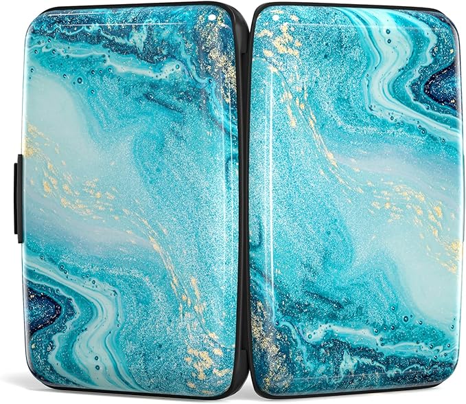Credit Card Holder, Mini Aluminum Card Wallet RFID Blocking Slim Metal Hard Card Case for Women Men, Blue Ocean Marble
