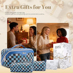 BOYATU Travel Makeup Bag Organizer Cosmetic Bag: 3 Pcs Set Make up Bags for Women with Handle - Waterproof Vegan Leather Toiletry Bag (01-H-Blue)