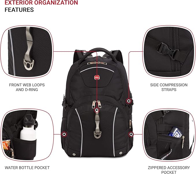 SwissGear 3258 Laptop Backpack, Fits Most 17 Inch Laptops, Secure Computer Sleeve for Travel, Work, School, Men's and Women's - Black