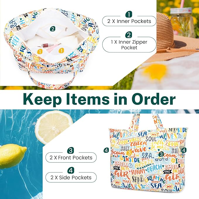 Iioscre Beach Bag for Women, Causal Hobo Pool Bags with Zipper Inner Pocket, Foldable Swim Tote Bag for Vacation Essentials