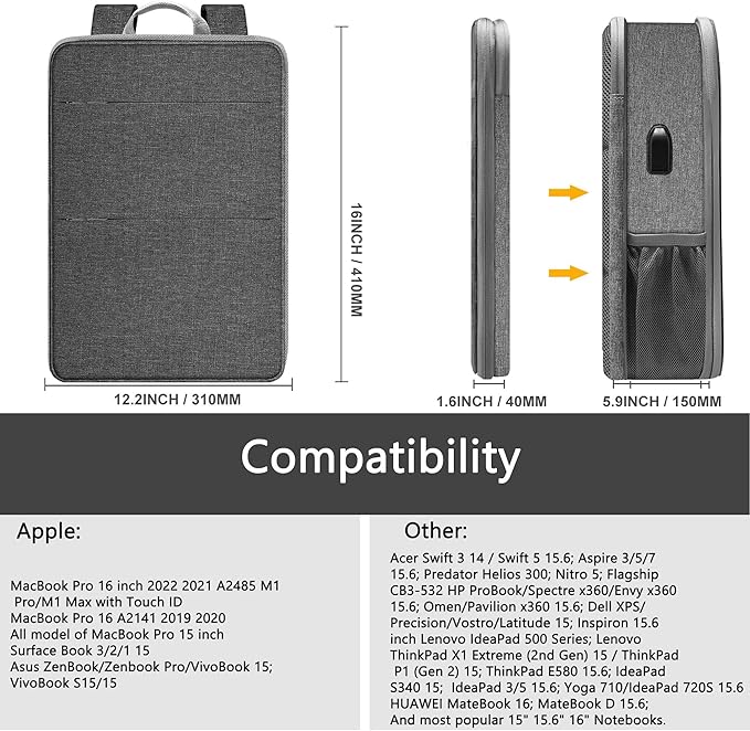 ZINZ Slim & Expandable Laptop Backpack 15 15.6 16 Inch Case, Water Resistant Travel Backpack Compatible with MacBook Pro/Neo 16" 15", Dell XPS 15 16 and Most 15" 15.6" 16" Notebooks，D01G01