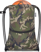 draw string back bag, Large Gym Sports string backpack for men and women with front zipper pocket and inside zipper pocket to keep key or phone (green camo)