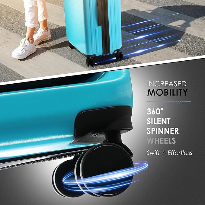 TRAVELARIM Teal Hardshell Luggage Sets 4 Piece, Durable Suitcase Set, Travel Luggage Set with Integrated TSA Lock, 360° Spinner Wheels, Expandable Medium and Large Checked Suitcase, 20/24/28 Inch