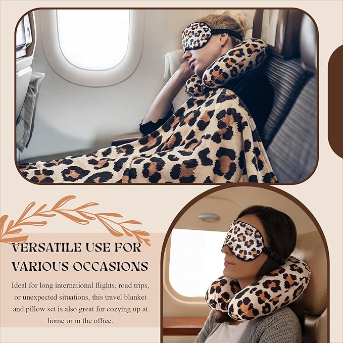 HunnmingRe 5 Pcs Travel Pillow and Blanket Set, 5 in 1 Travel Airplane Compact Includes 40 x 60 Inch Throw Blanket Eye Mask Neck Pillow Earplug and Bag Gifts for Travelers Women(Leopard Print,Brown)