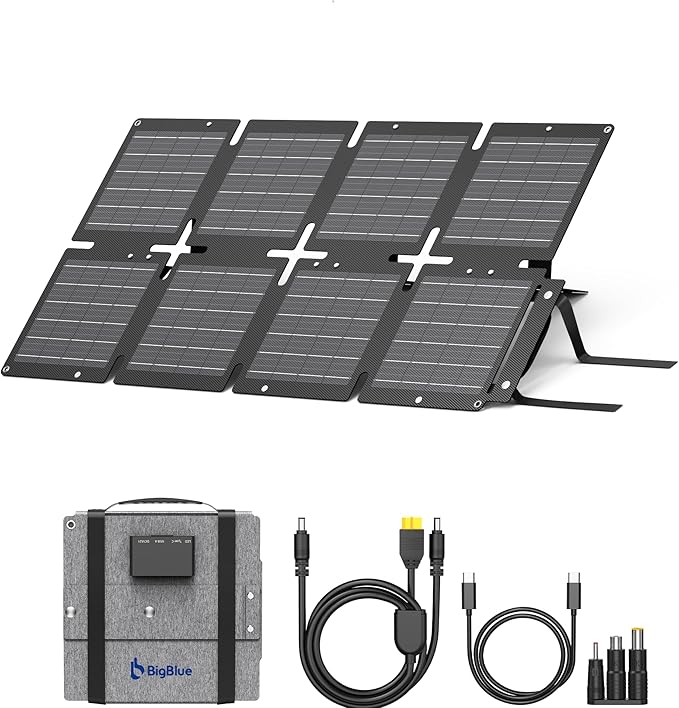BigBlue 60W Portable Solar Panels with PD 45W USB-C, 20W USB-A, DC Port for Power Station, Phone, Power Bank, Tablet, IP68 Waterproof Foldable Solar Charger with Kickstand for Camping, RV, Emergency